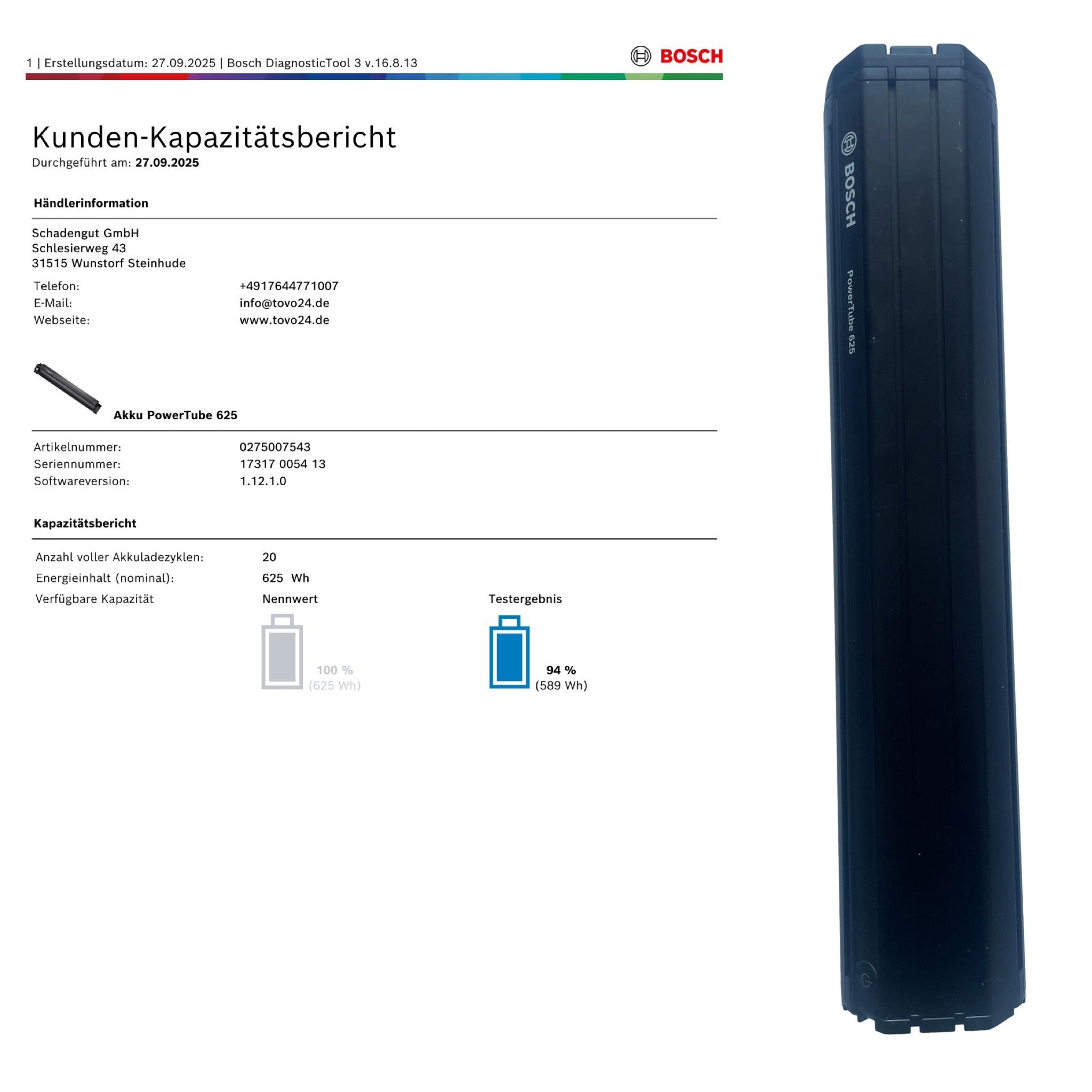 Bosch Powertube 625 - Energieinhalt (aktuell): 94% -  horizontal