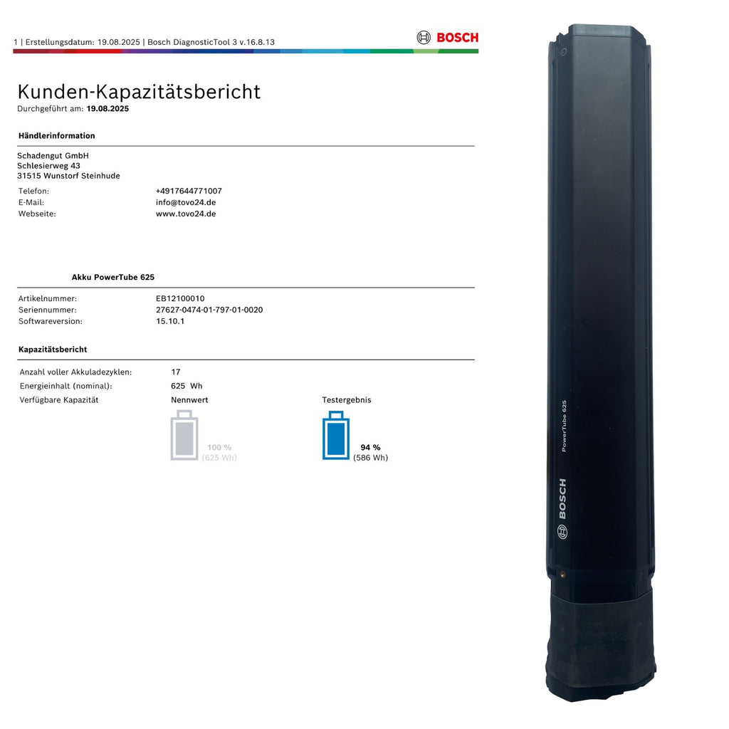 Bosch Powertube 625 - SMART SYSTEM - Energieinhalt (aktuell): 94% -  vertikal