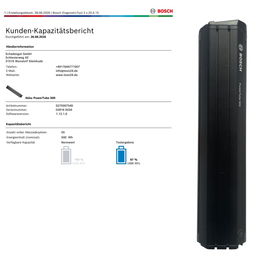 Bosch Powertube 500 - Energieinhalt (aktuell) 97% - vertikal - gebraucht
