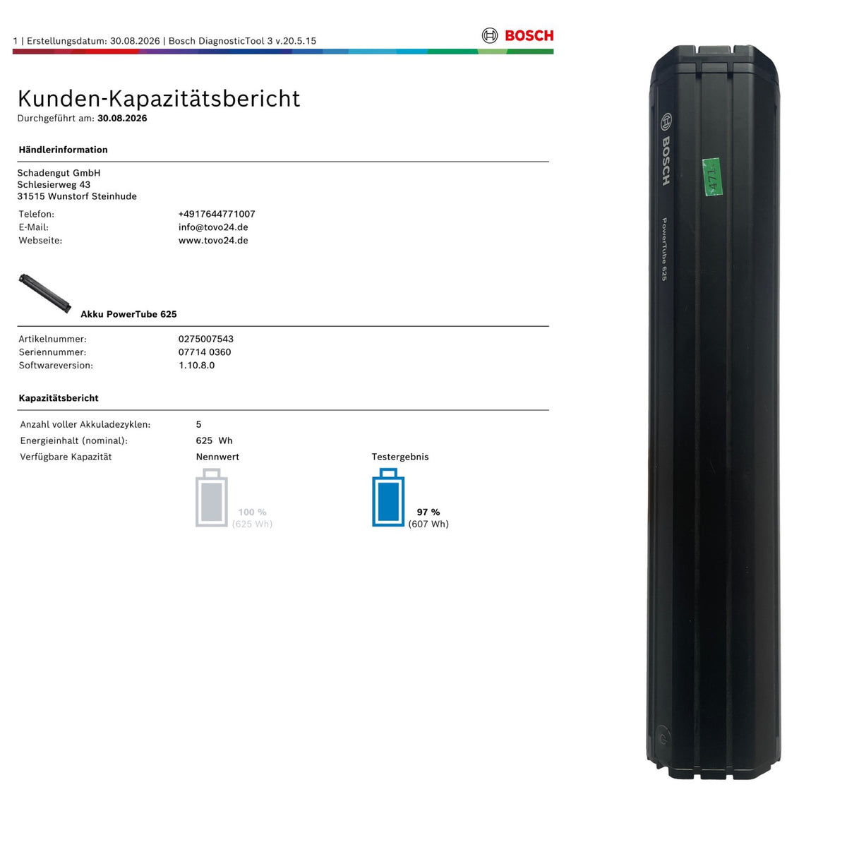 Bosch Powertube 625 - Energieinhalt (aktuell): 97% -  horizontal - gebraucht