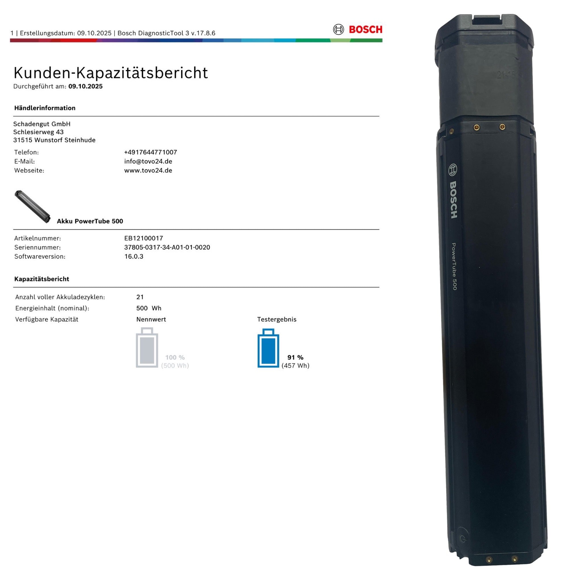 Bosch Powertube 500 – SMART SYSTEM - Energieinhalt (aktuell): 91% -  horizontal