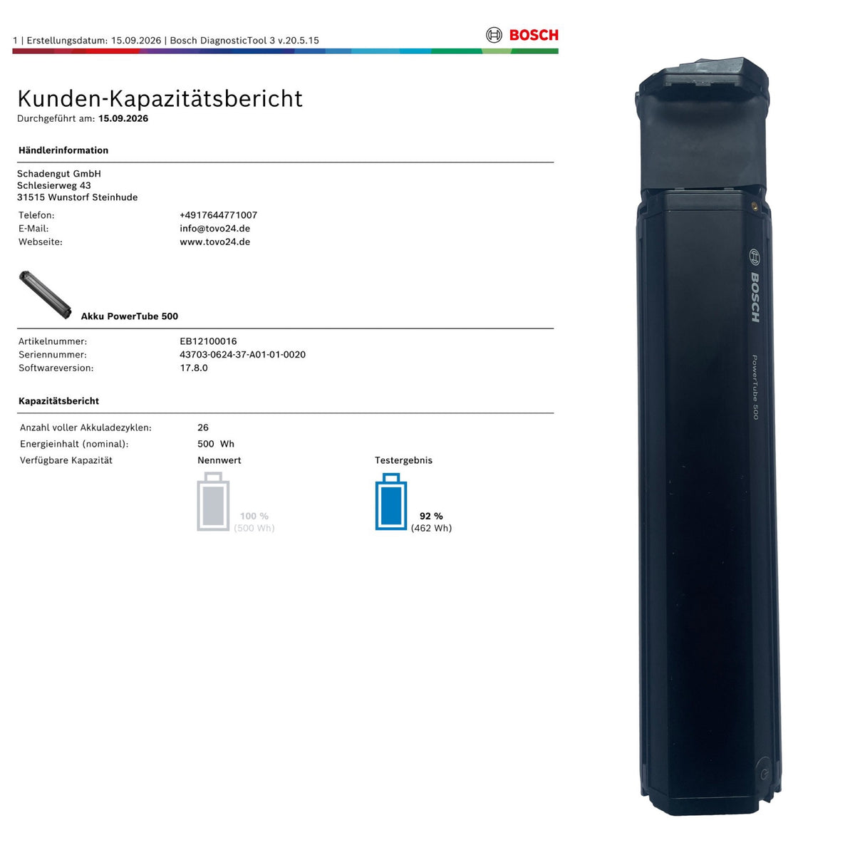 Bosch Powertube 500 - SMART SYSTEM - Energieinhalt (aktuell):  92% -  vertikal - gebraucht