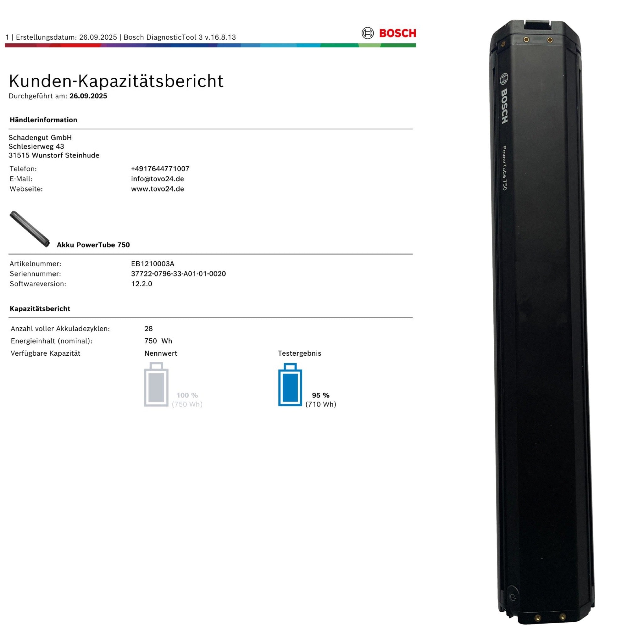 Bosch Powertube 750 - SMART SYSTEM - Energieinhalt (aktuell): 95% -  horizontal