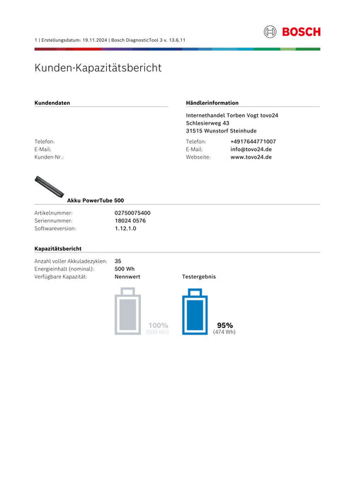 Bosch Powertube 500 - Energieinhalt (aktuell) 95% -  vertikal