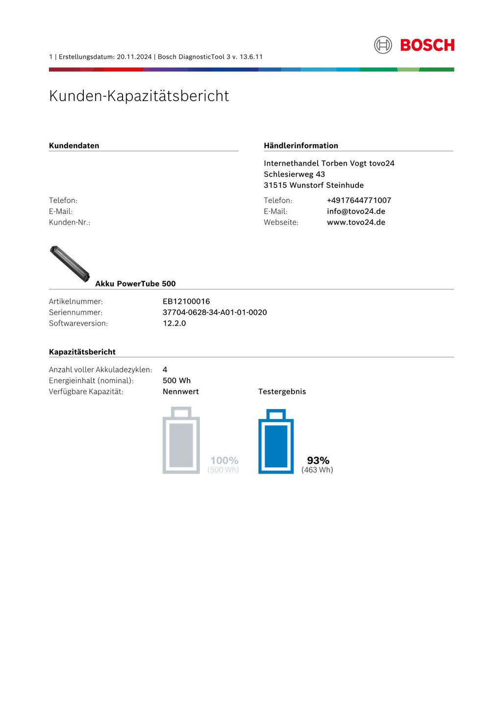 Bosch Powertube 500 - SMART SYSTEM - Energieinhalt (aktuell) 93% -  vertikal