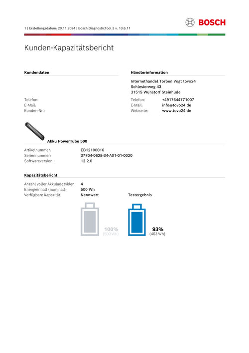 Bosch Powertube 500 - SMART SYSTEM - Energieinhalt (aktuell) 93% -  vertikal