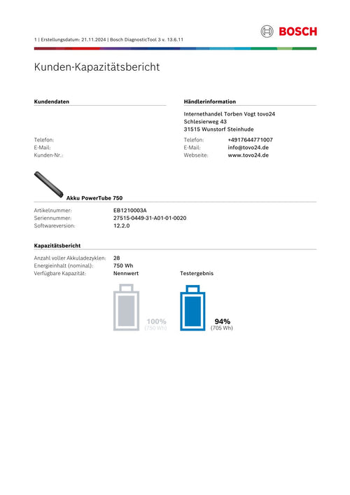 Bosch Powertube 750 - SMART SYSTEM - Energieinhalt (aktuell): 94% -  horizontal