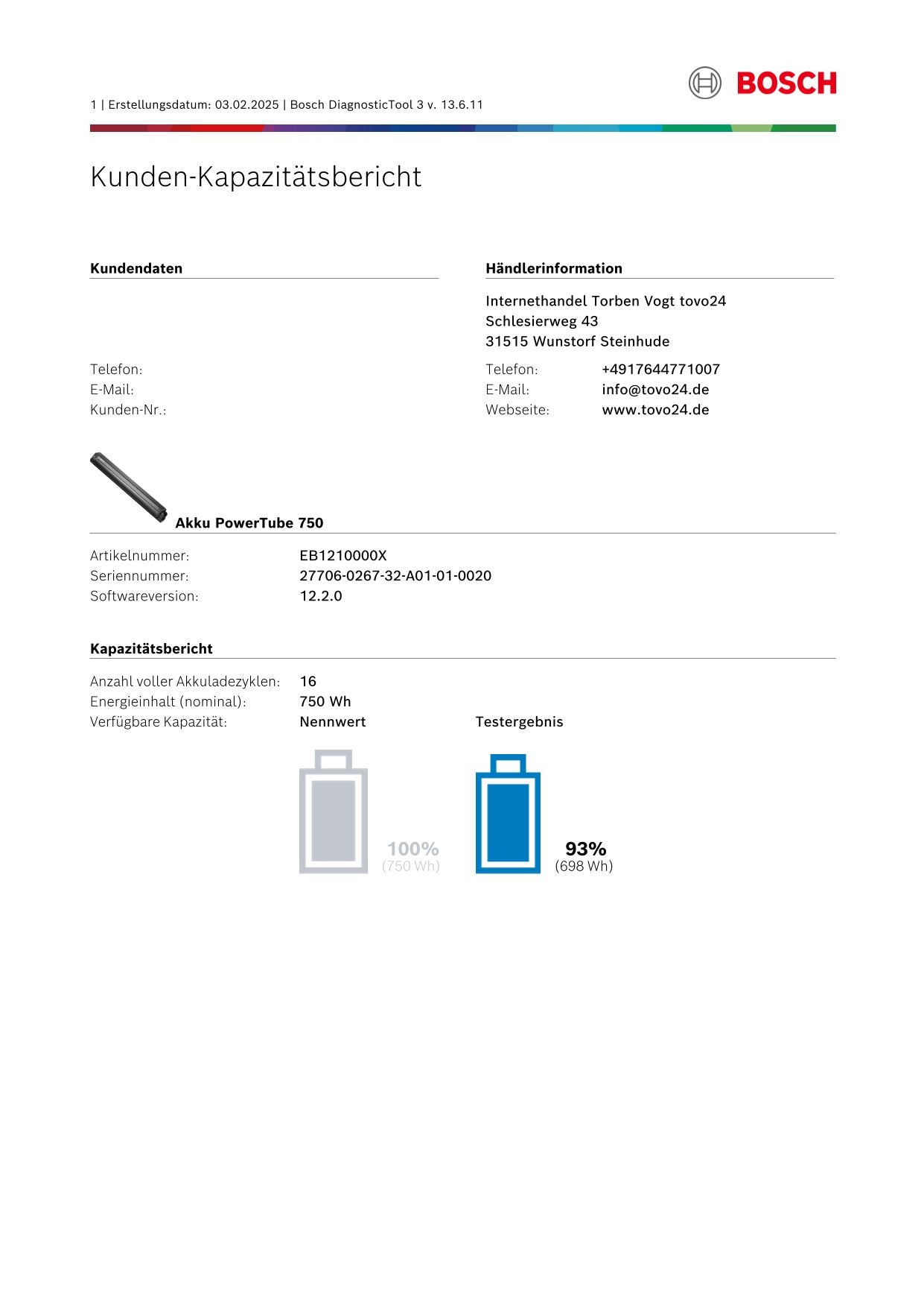 Bosch Powertube 750 - SMART SYSTEM - Energieinhalt (aktuell): 93% -  horizontal