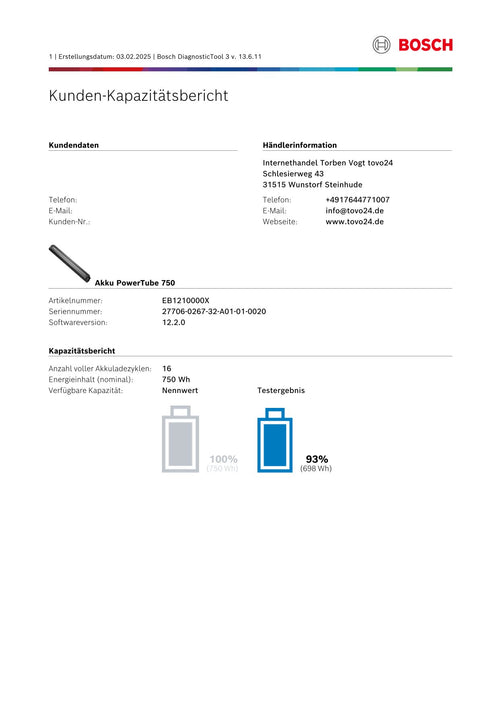 Bosch Powertube 750 - SMART SYSTEM - Energieinhalt (aktuell): 93% -  horizontal