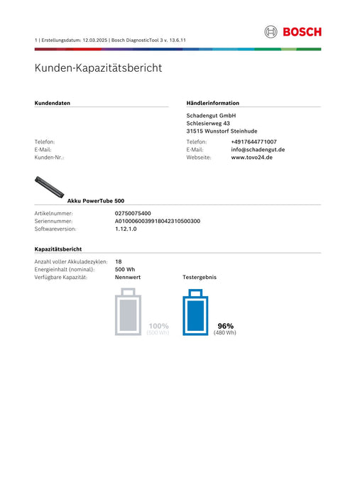 Bosch Powertube 500 - Energieinhalt (aktuell) 96% -  vertikal