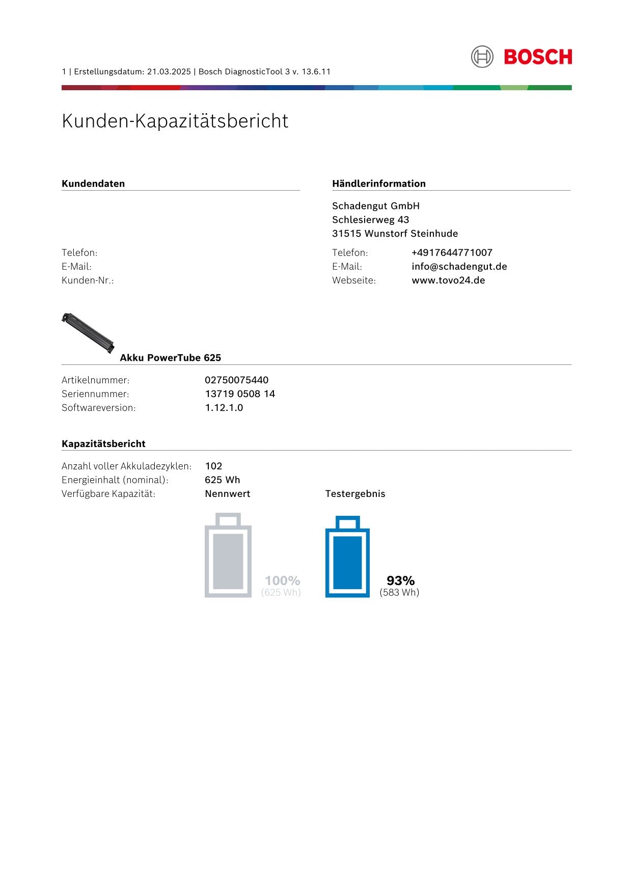 Bosch Powertube 625 - Energieinhalt (aktuell) 93% -  vertikal