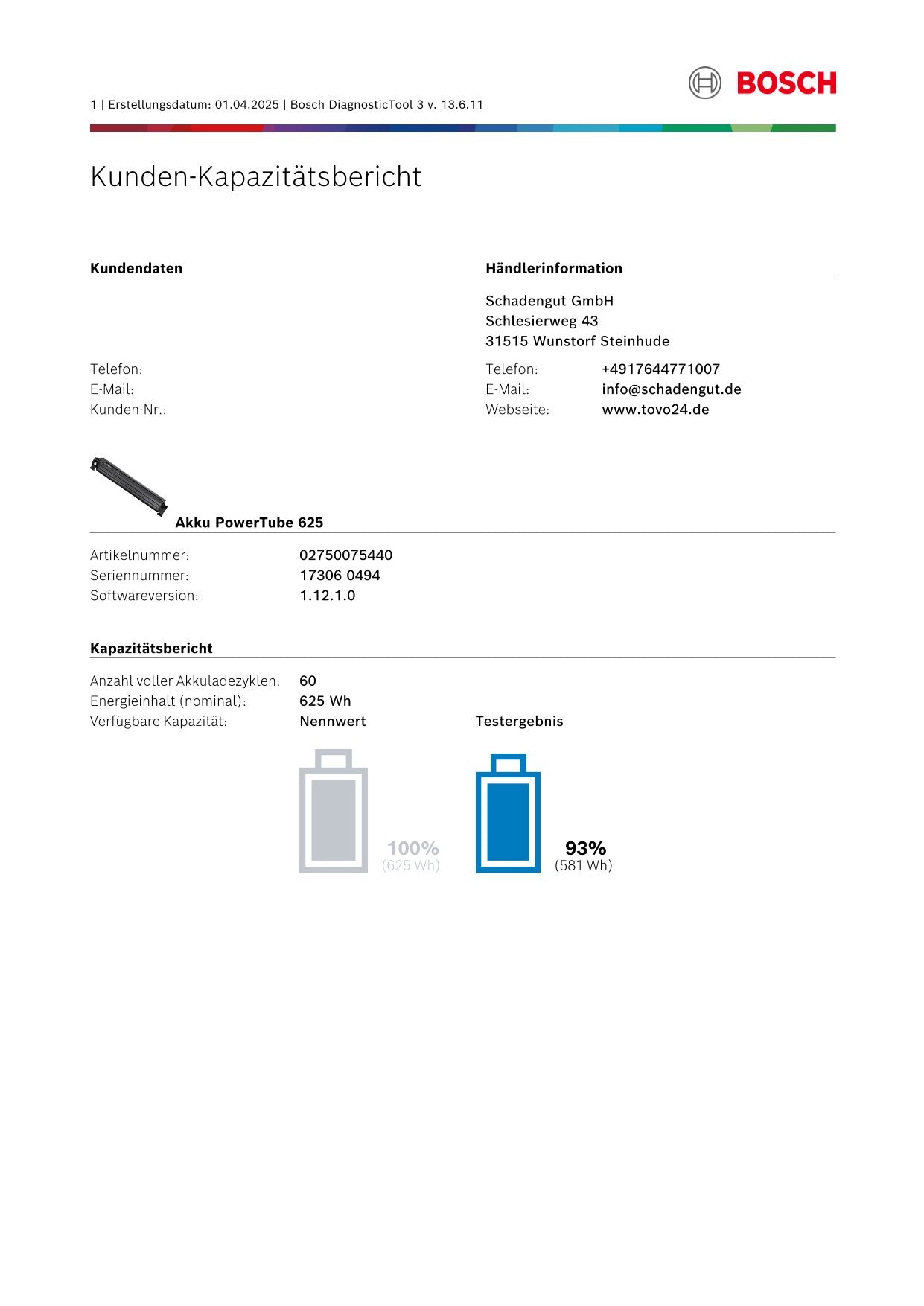 Bosch Powertube 625 - Energieinhalt (aktuell) 93% -  vertikal