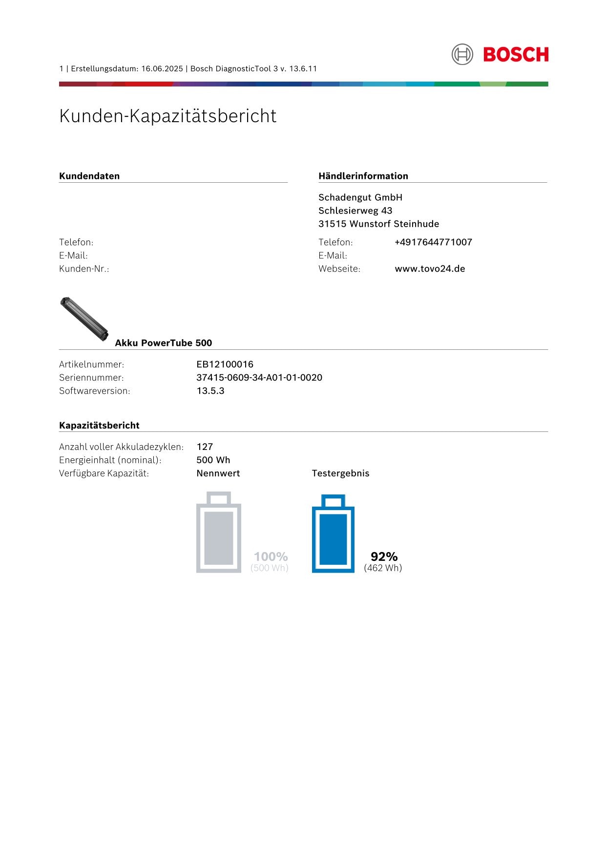 Bosch Powertube 500 - SMART SYSTEM - Energieinhalt (aktuell): 92% -  vertikal