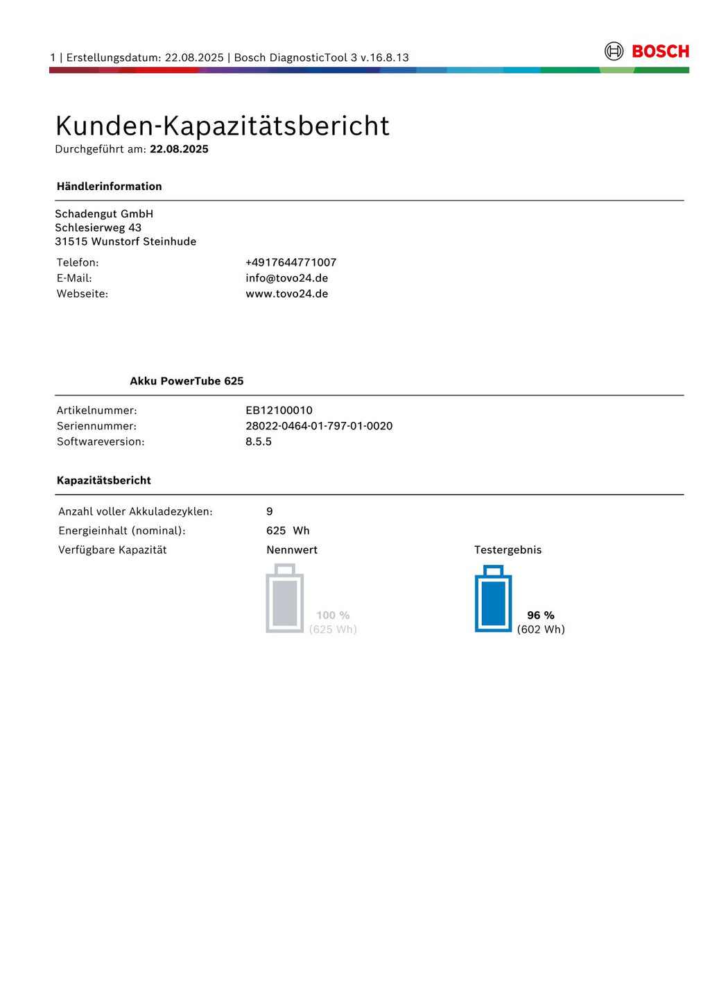 Bosch Powertube 625 - SMART SYSTEM - Energieinhalt (aktuell): 96% -  vertikal