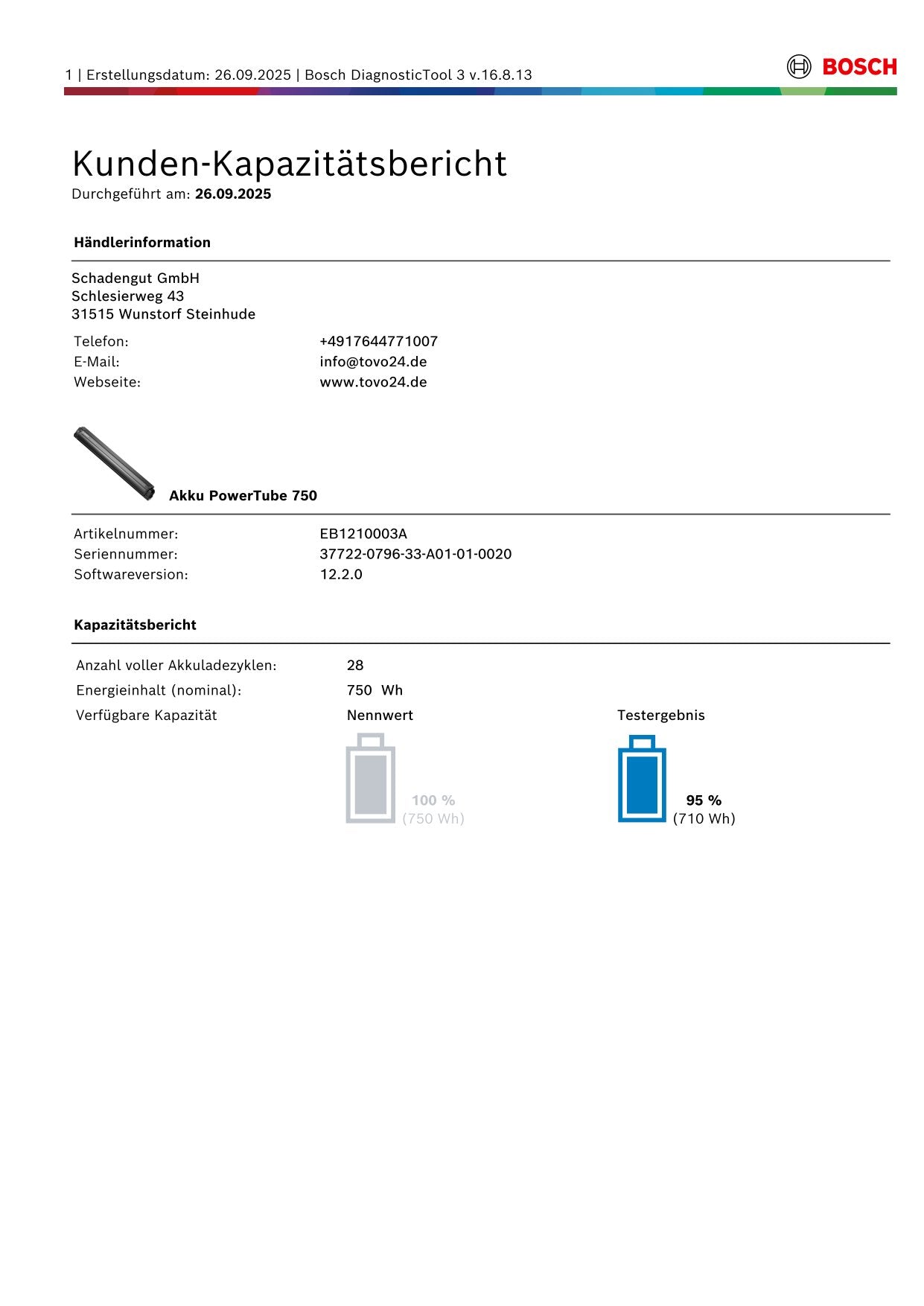 Bosch Powertube 750 - SMART SYSTEM - Energieinhalt (aktuell): 95% -  horizontal