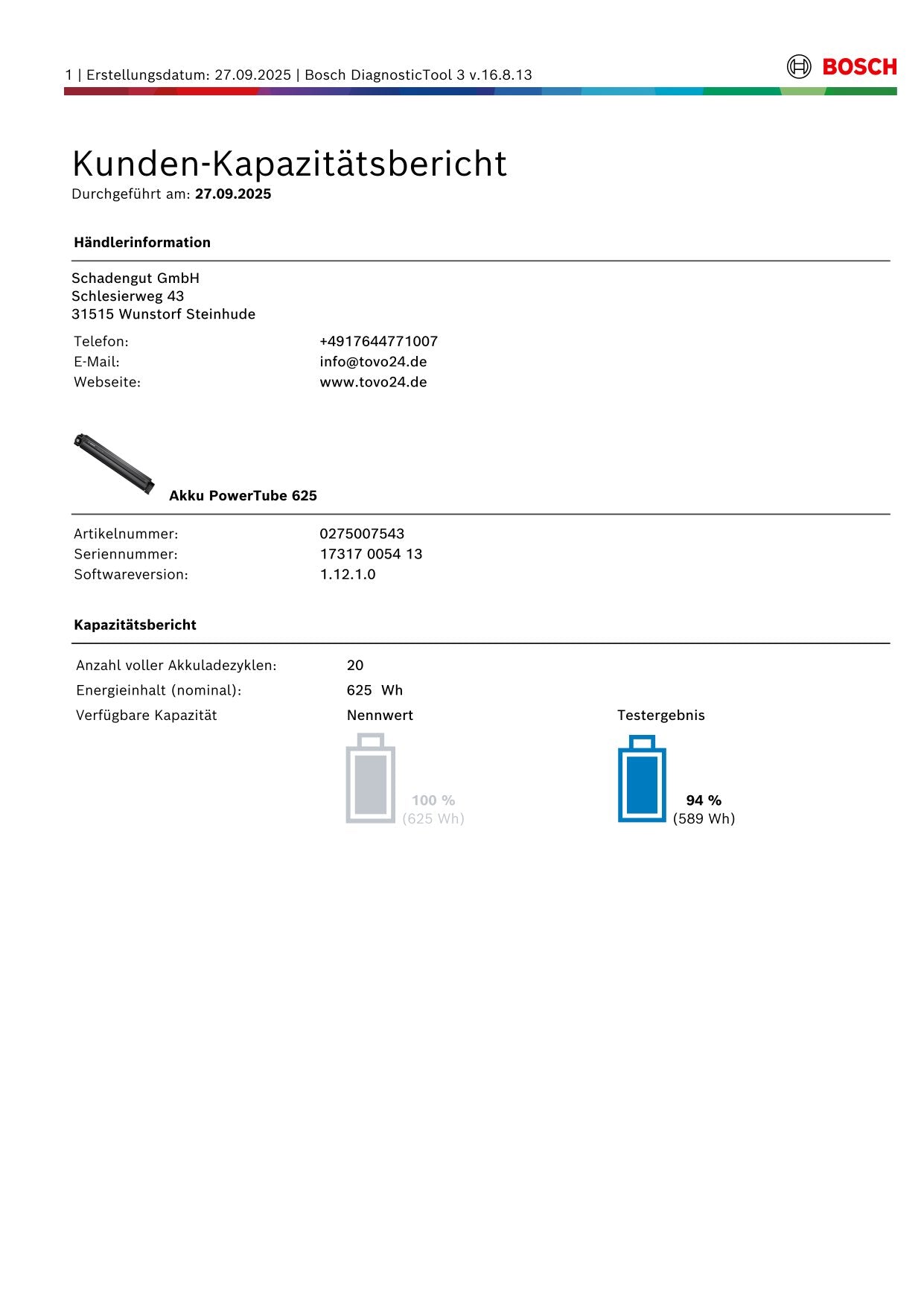 Bosch Powertube 625 - Energieinhalt (aktuell): 94% -  horizontal