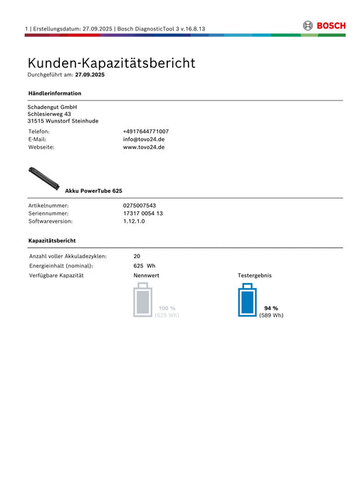 Bosch Powertube 625 - Energieinhalt (aktuell): 94% -  horizontal
