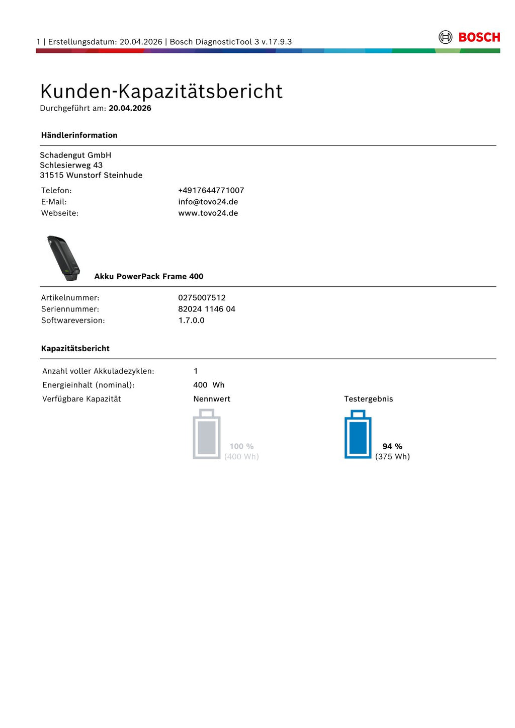 Bosch Powerpack 400 Rahmenakku - Energieinhalt (aktuell) 94%