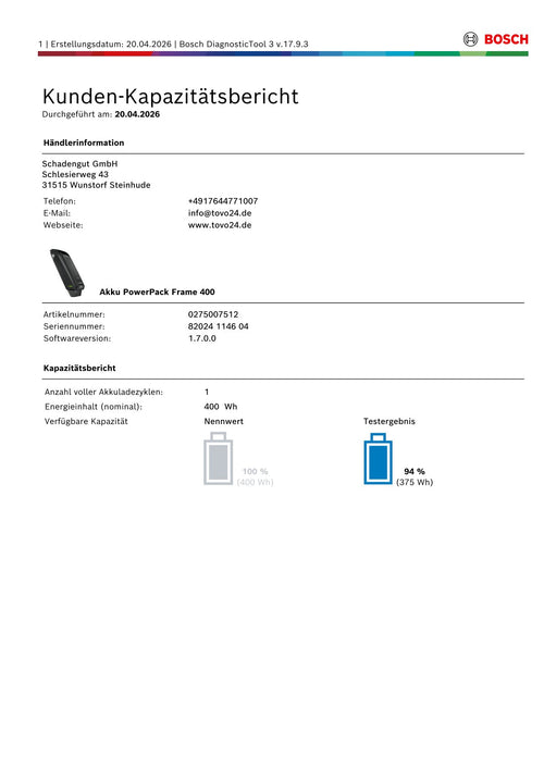 Bosch Powerpack 400 Rahmenakku zum Aufstecken- Energieinhalt (aktuell) 94%