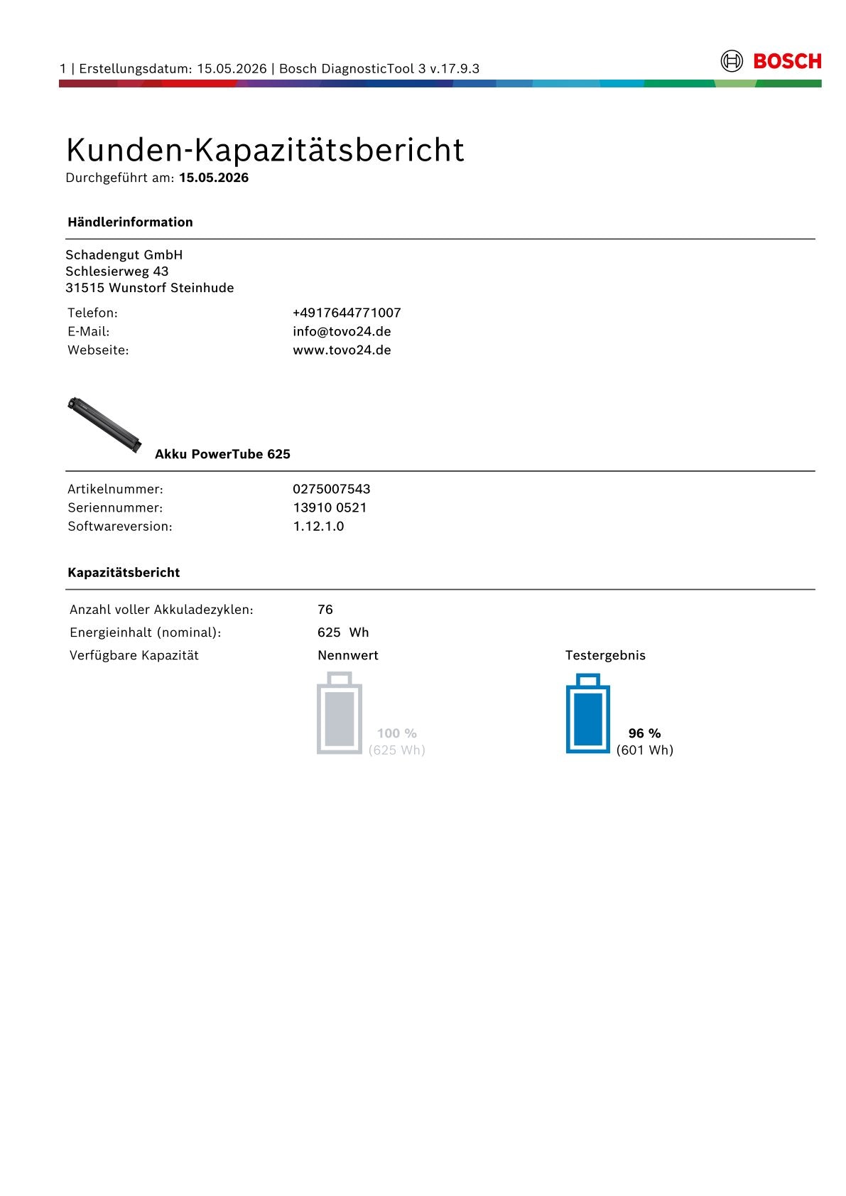 Bosch Powertube 625 - Energieinhalt (aktuell): 96% -  horizontal