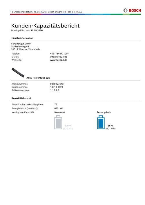 Bosch Powertube 625 - Energieinhalt (aktuell): 96% -  horizontal