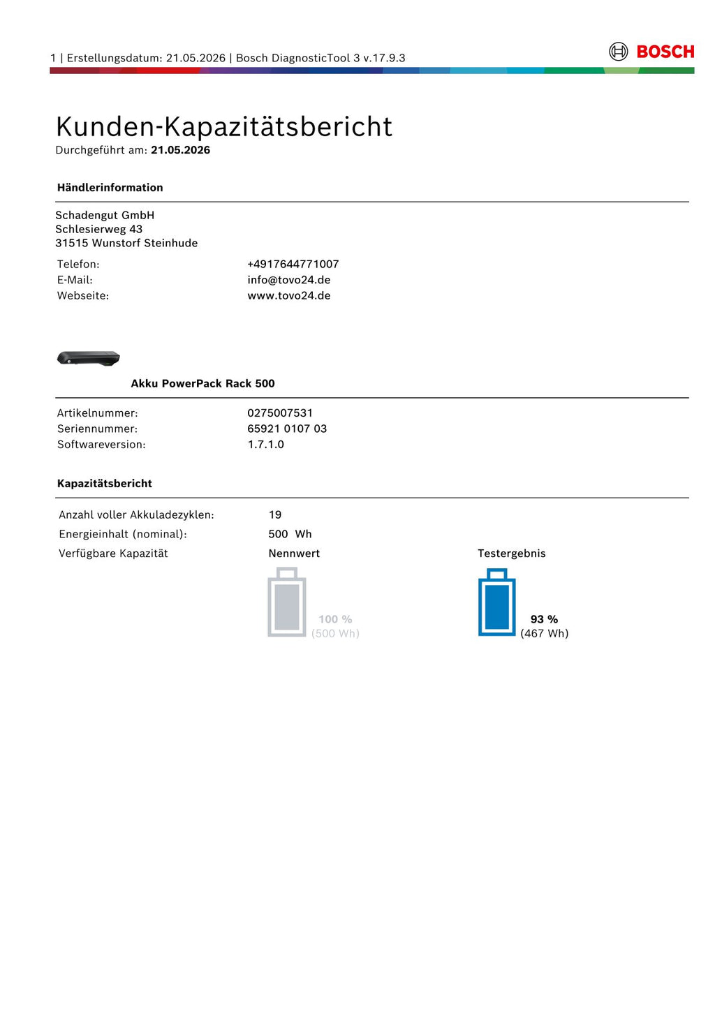 Bosch Powerpack 500 Gepäckträgerakku - Energieinhalt (aktuell) 93%