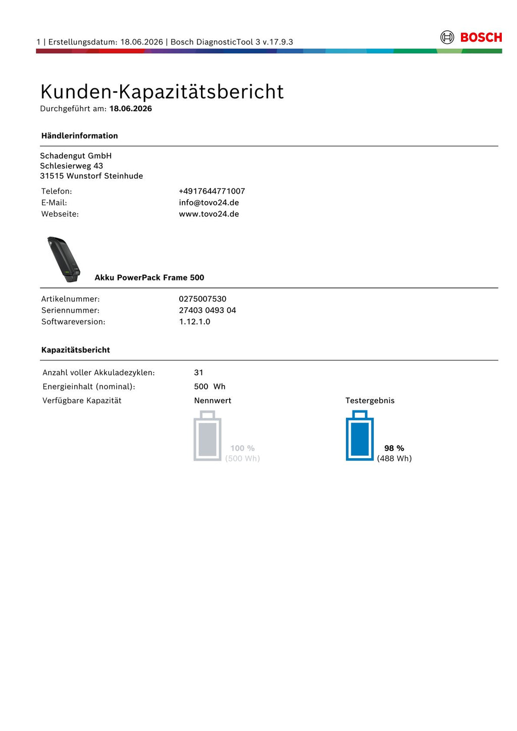Bosch Powerpack 500 Rahmenakku - Energieinhalt (aktuell) 98%