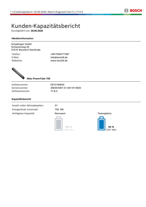 Bosch Powertube 750 - SMART SYSTEM - Energieinhalt (aktuell): 93% -  horizontal - gebraucht