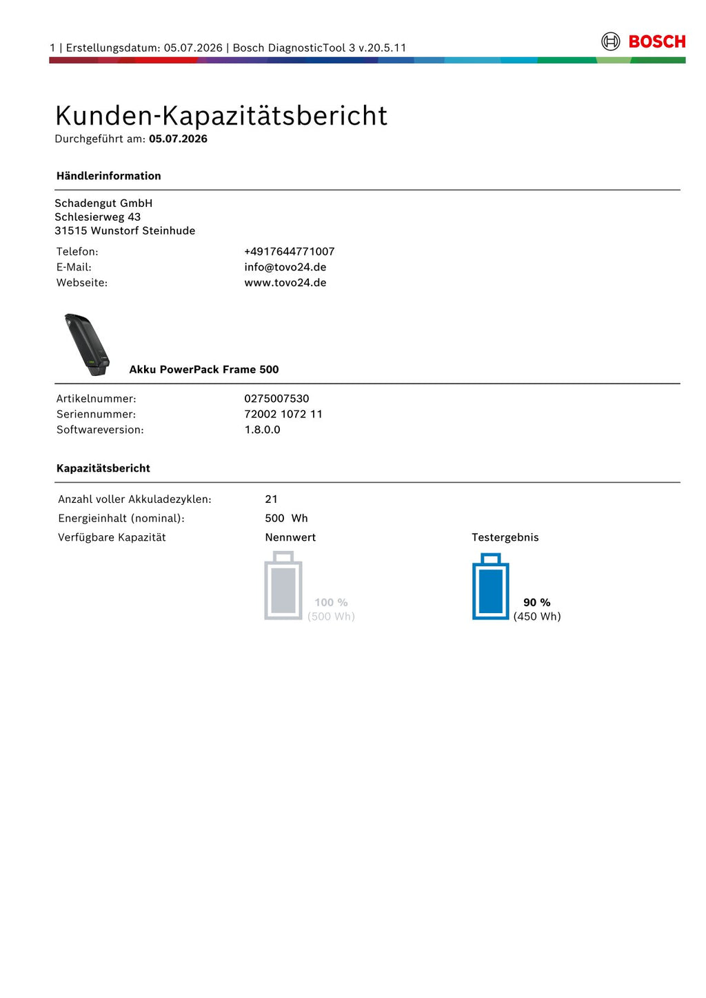 Bosch Powerpack 500 Rahmenakku zum Aufstecken - Energieinhalt (aktuell) 90% mit Bosch Prüfbericht