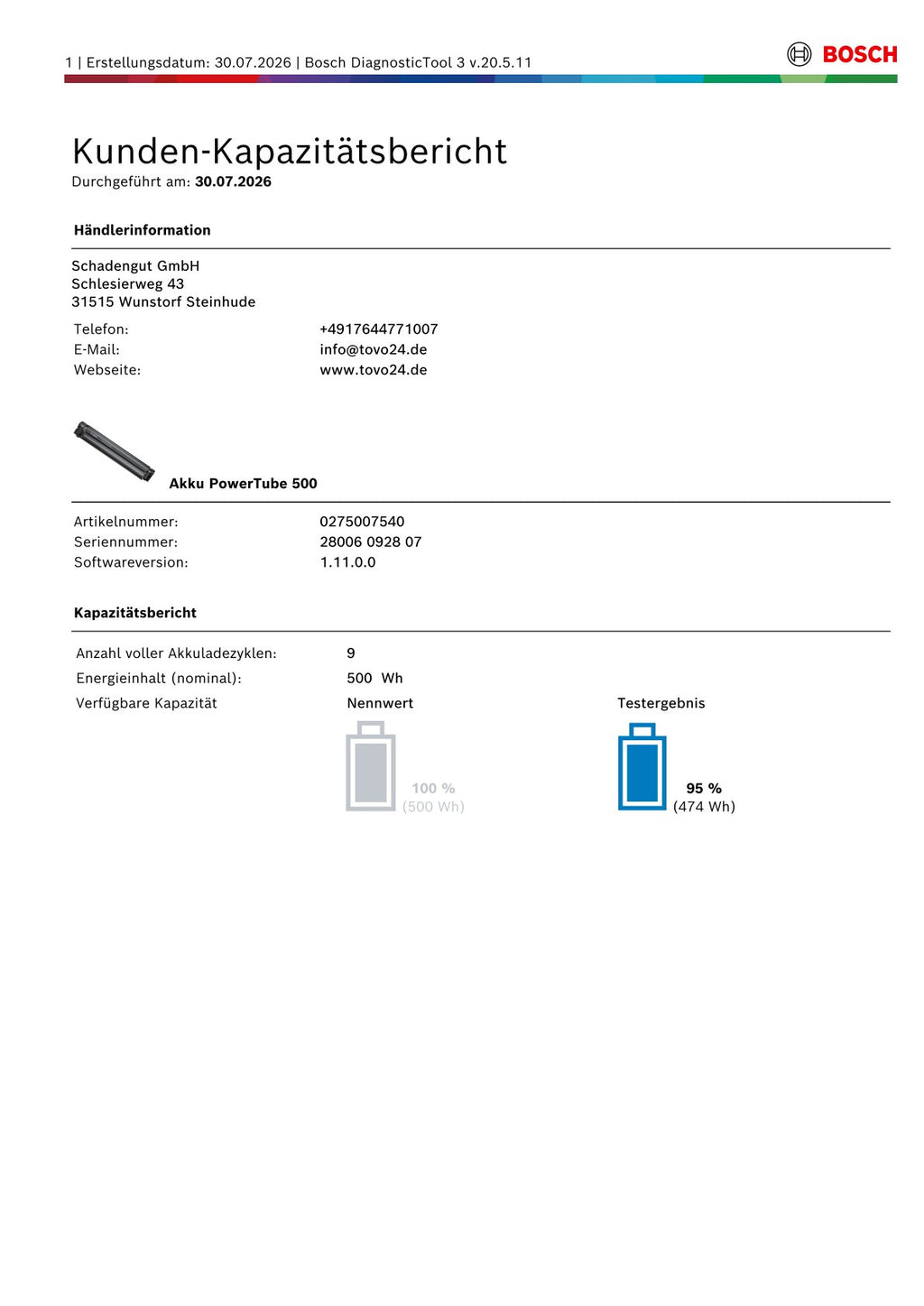 Bosch Powertube 500 - Energieinhalt (aktuell) 95% - vertikal - gebraucht