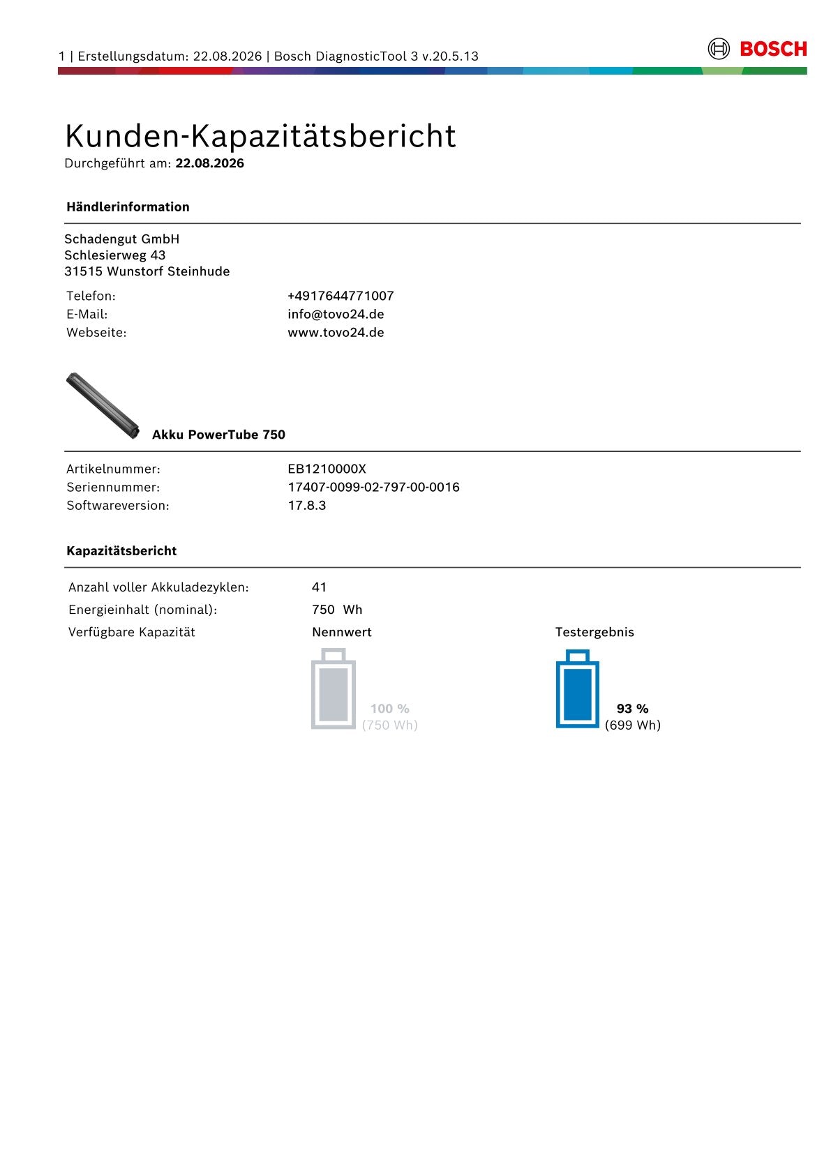 Bosch Powertube 750 - SMART SYSTEM - Energieinhalt (aktuell): 93% -  horizontal - gebraucht