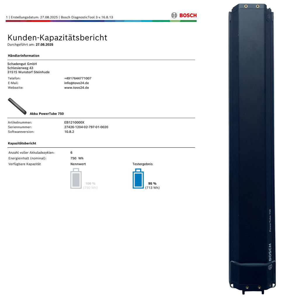 Bosch Powertube 750 - SMART SYSTEM - Energieinhalt (aktuell): 95% -  horizontal