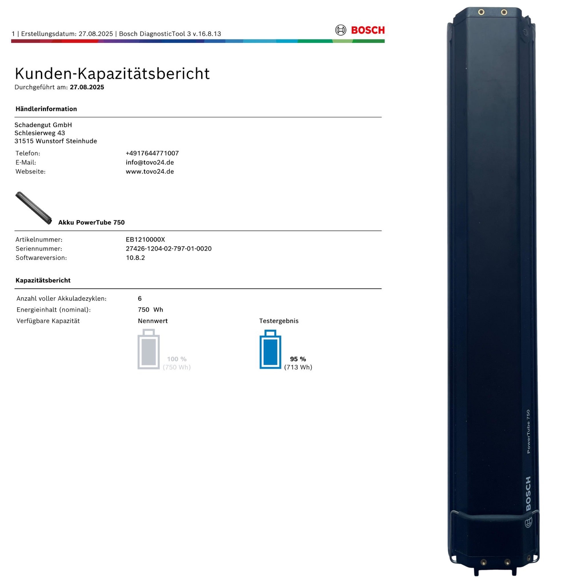 Bosch Powertube 750 - SMART SYSTEM - Energieinhalt (aktuell): 95% -  horizontal