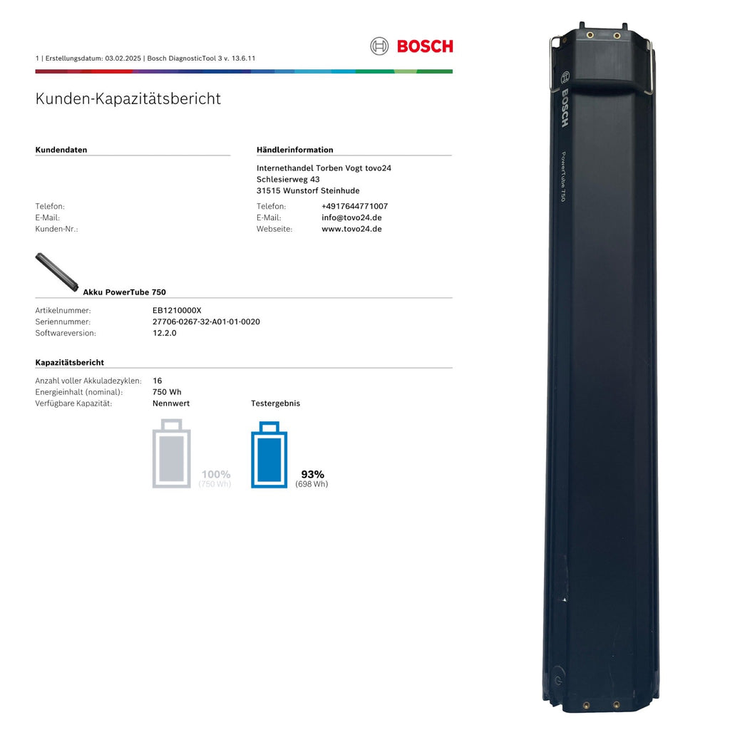 Bosch Powertube 750 - SMART SYSTEM - Energieinhalt (aktuell): 93% -  horizontal
