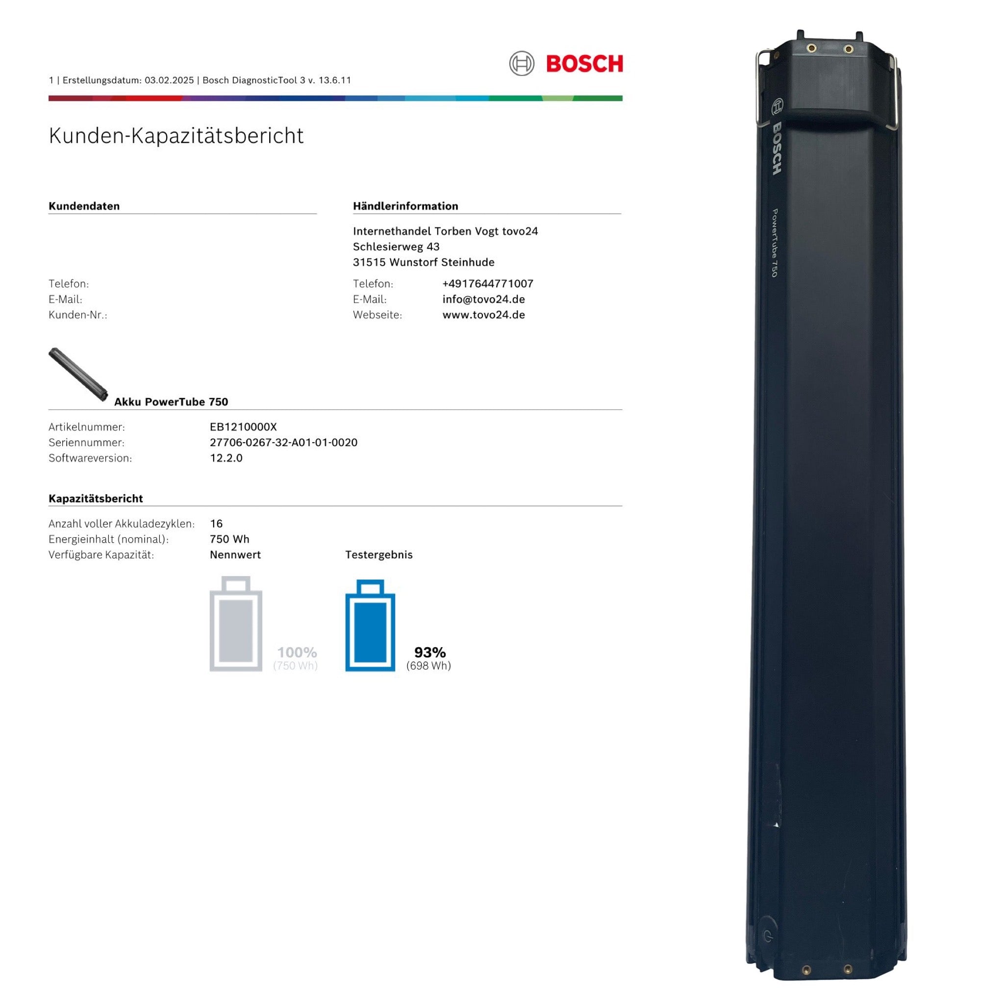 Bosch Powertube 750 - SMART SYSTEM - Energieinhalt (aktuell): 93% -  horizontal