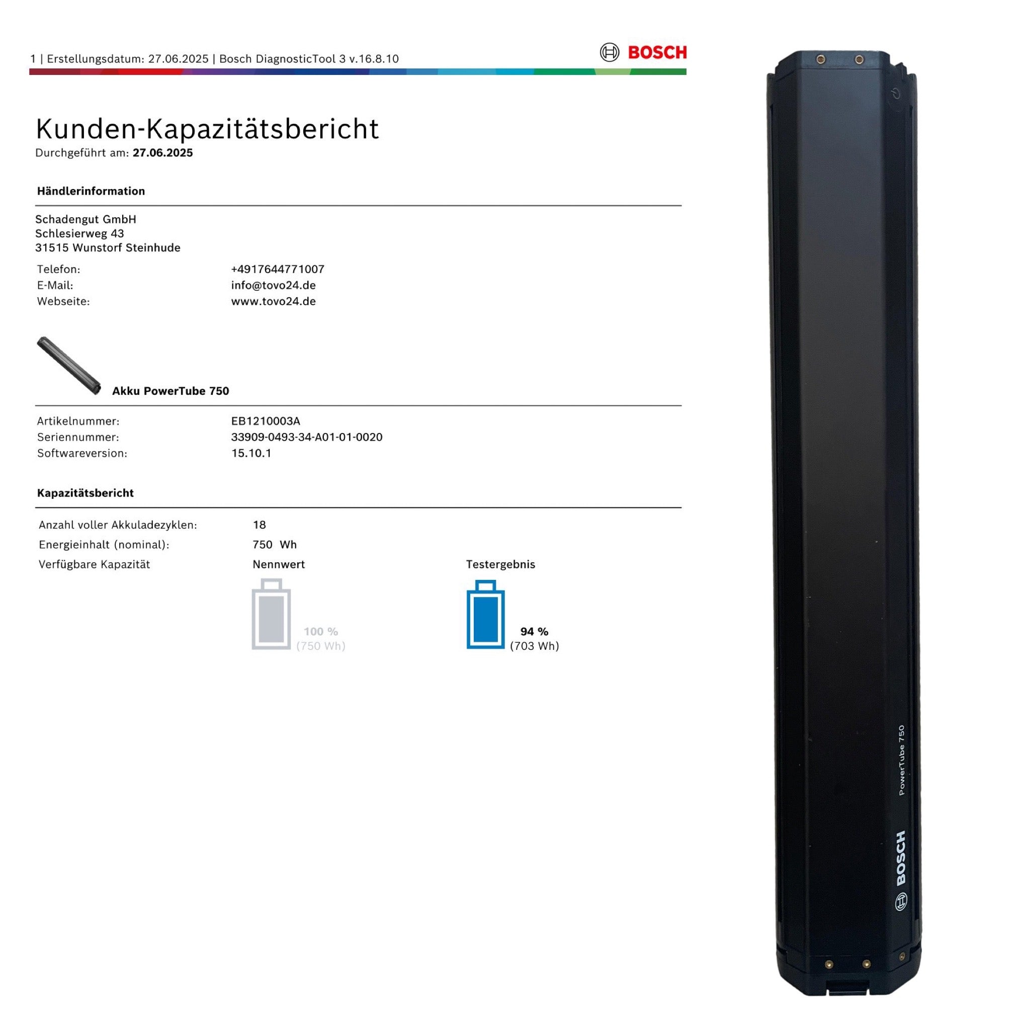 Bosch Powertube 750 - SMART SYSTEM - Energieinhalt (aktuell): 94% -  horizontal