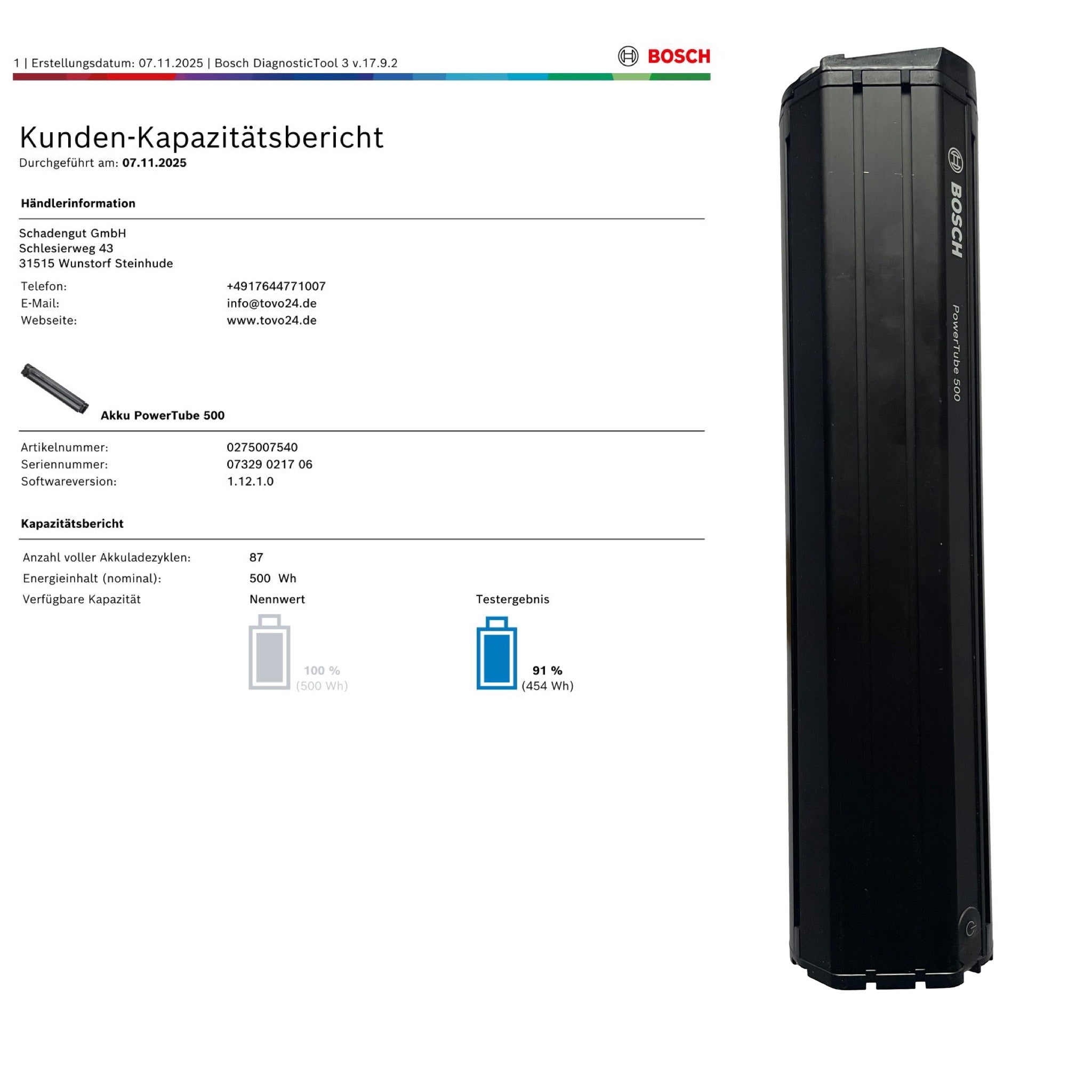 Bosch Powertube 500 - Energieinhalt (aktuell) 91% -  vertikal