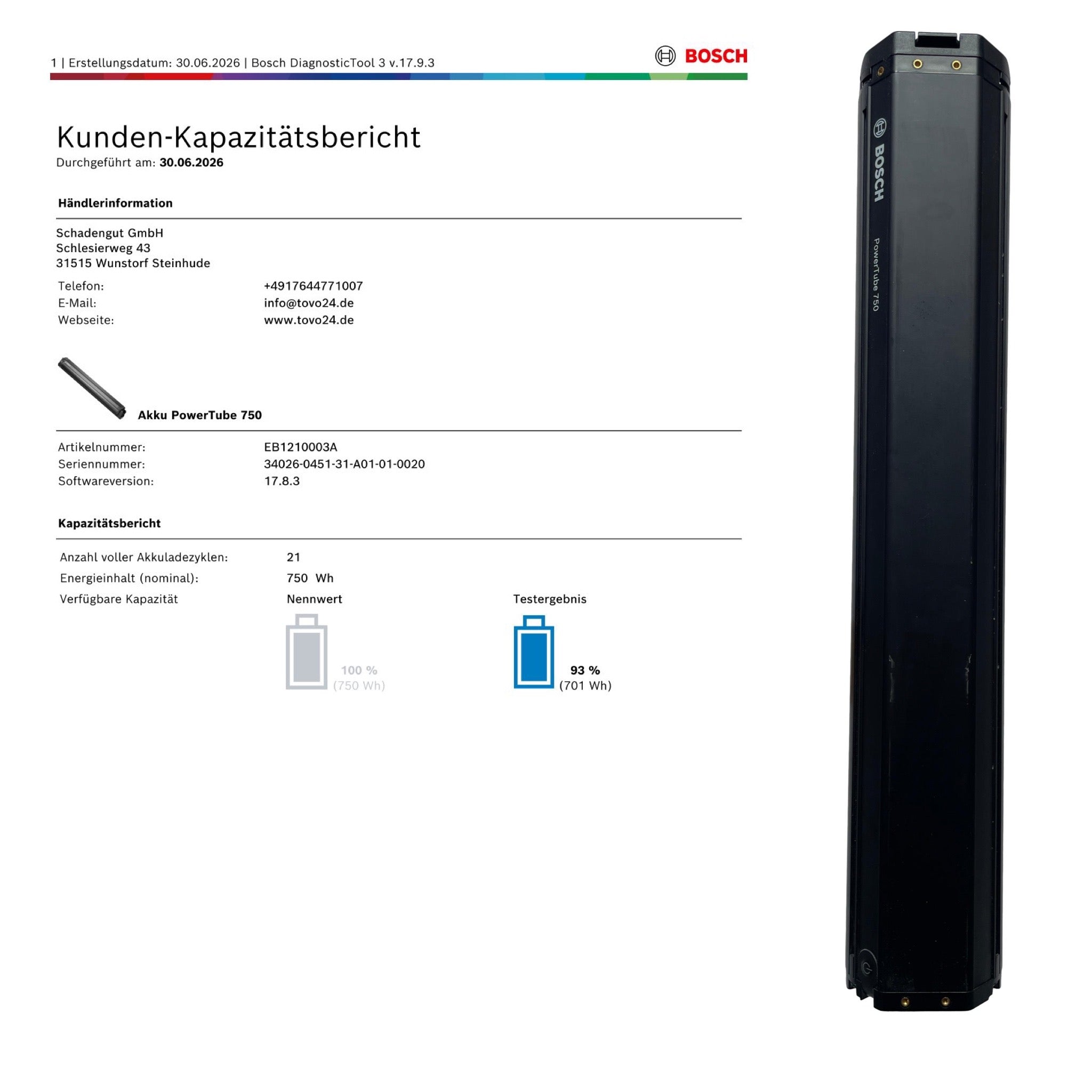 Bosch Powertube 750 - SMART SYSTEM - Energieinhalt (aktuell): 93% -  horizontal