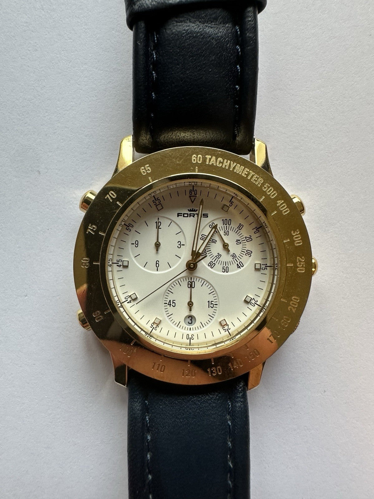 Fortis Gol Tachymeter Herren Uhr, Armbanduhr, Leder Armband Rar Designer Uhr