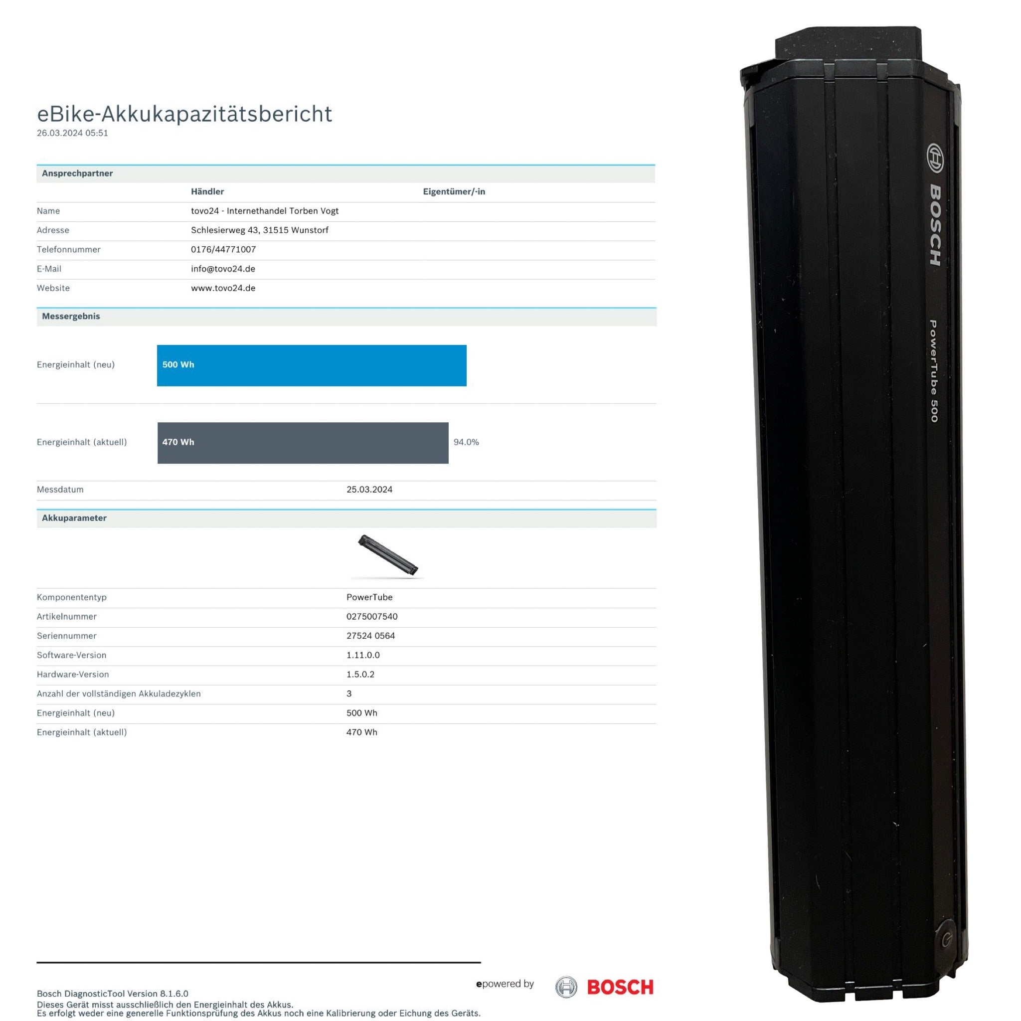 Bosch Powertube 500 - Energieinhalt (aktuell) 94% -  vertikal