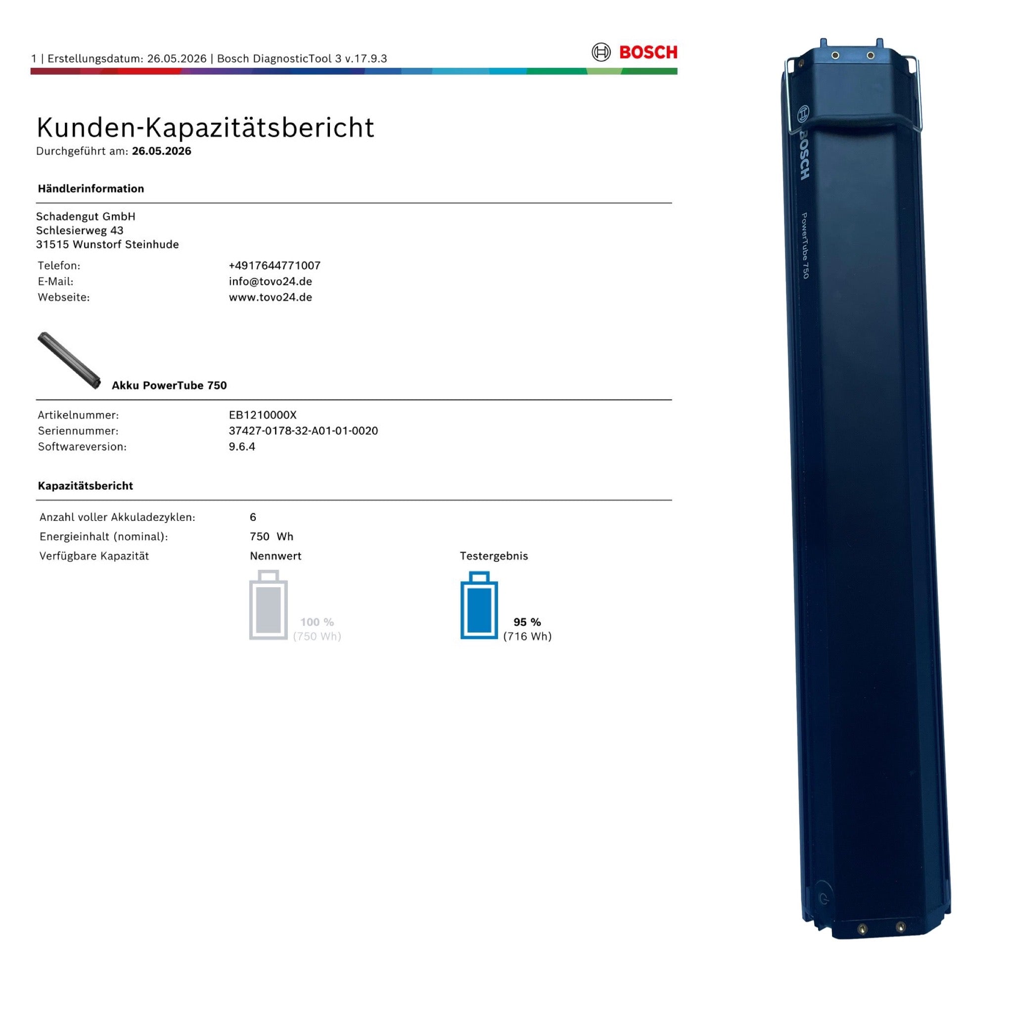 Bosch Powertube 750 - SMART SYSTEM - Energieinhalt (aktuell): 95% -  horizontal