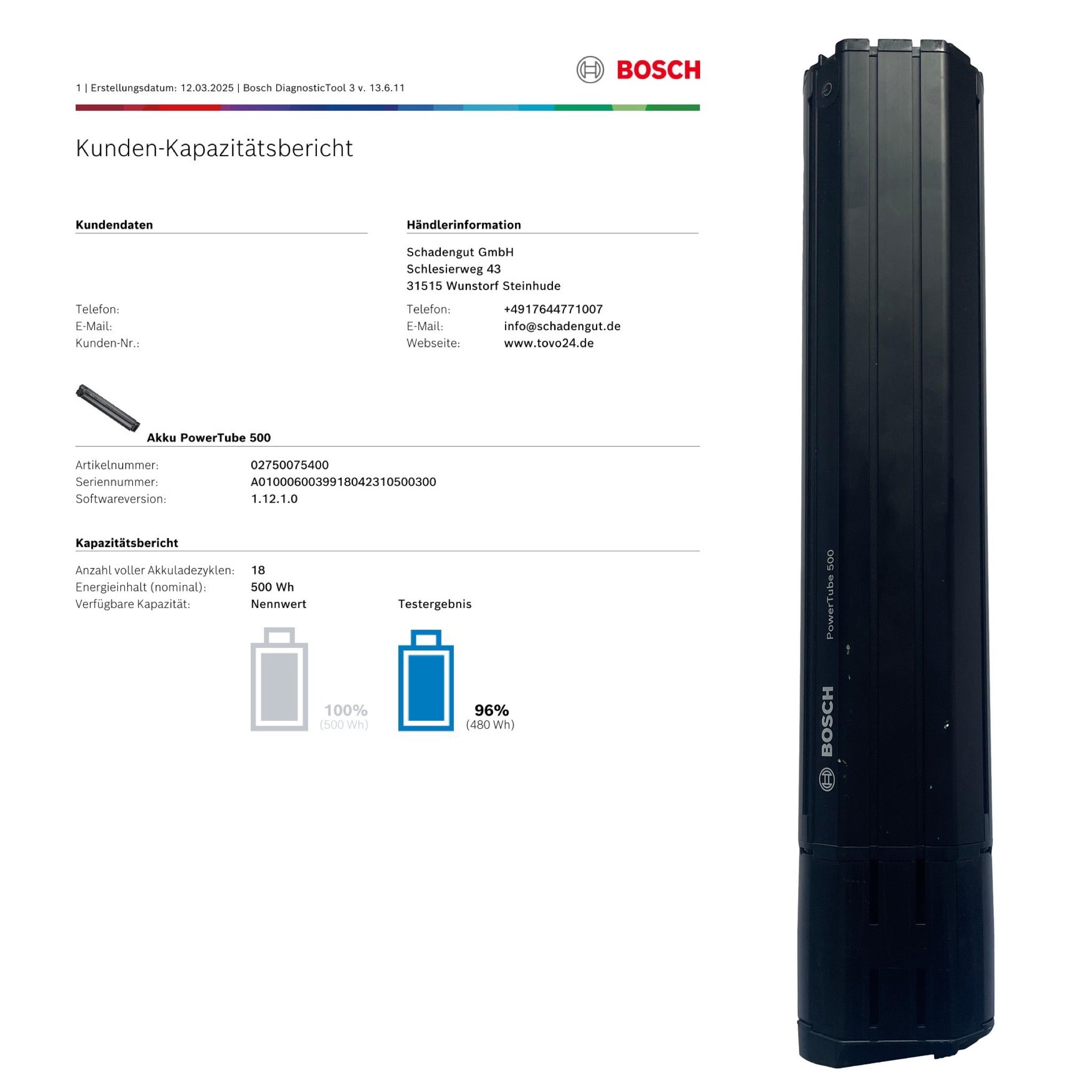 Bosch Powertube 500 - Energieinhalt (aktuell) 96% -  vertikal