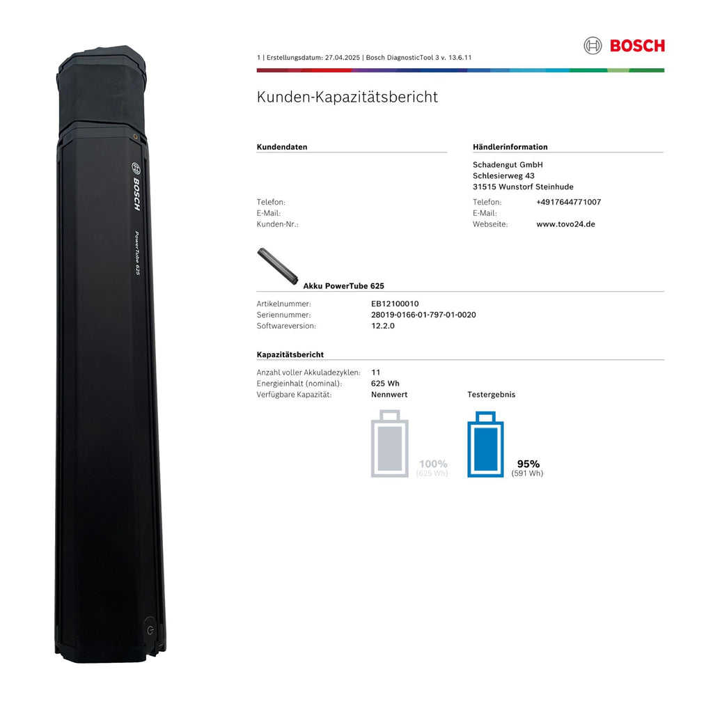 Bosch Powertube 625 - SMART SYSTEM - Energieinhalt (aktuell): 95% -  vertikal