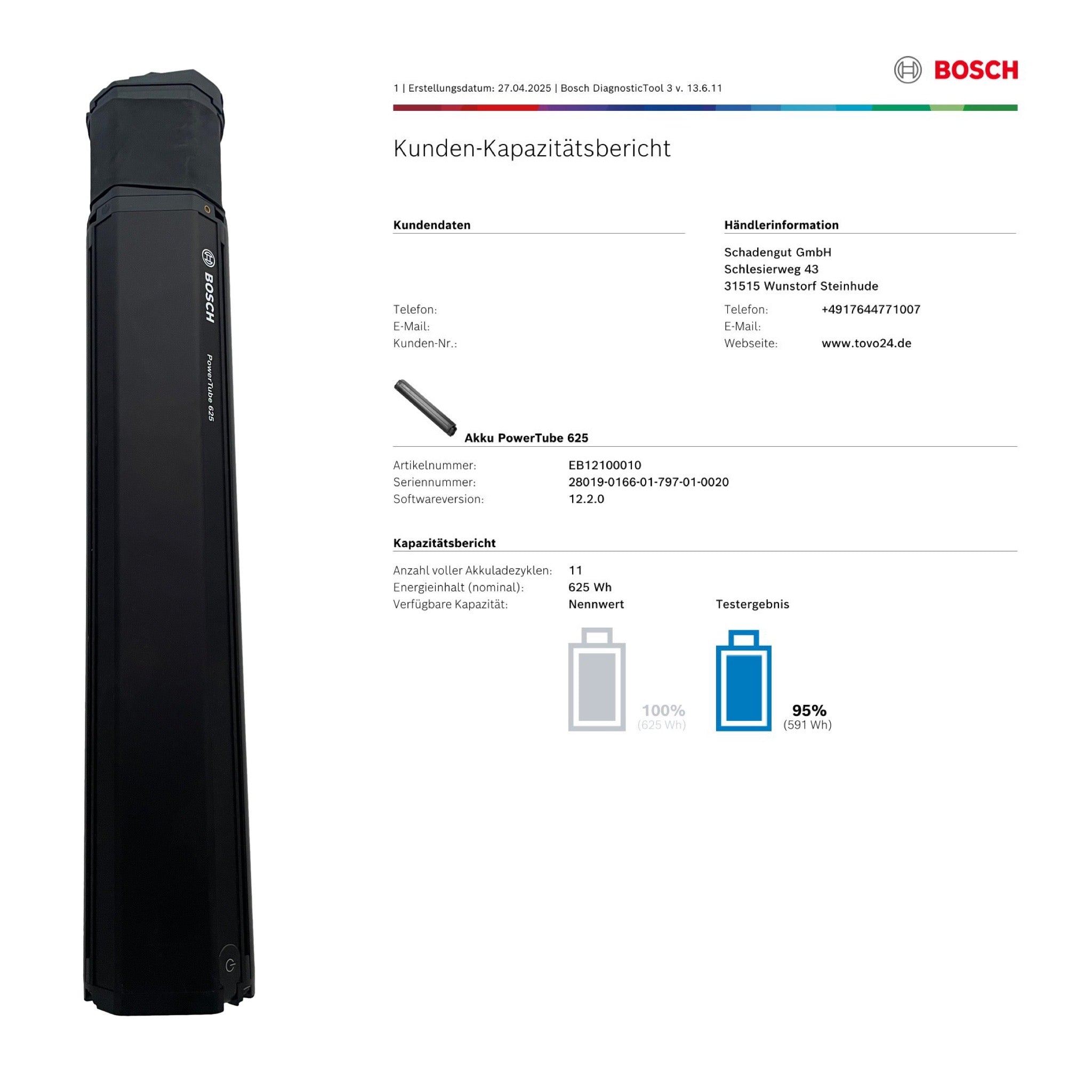 Bosch Powertube 625 - SMART SYSTEM - Energieinhalt (aktuell): 95% -  vertikal