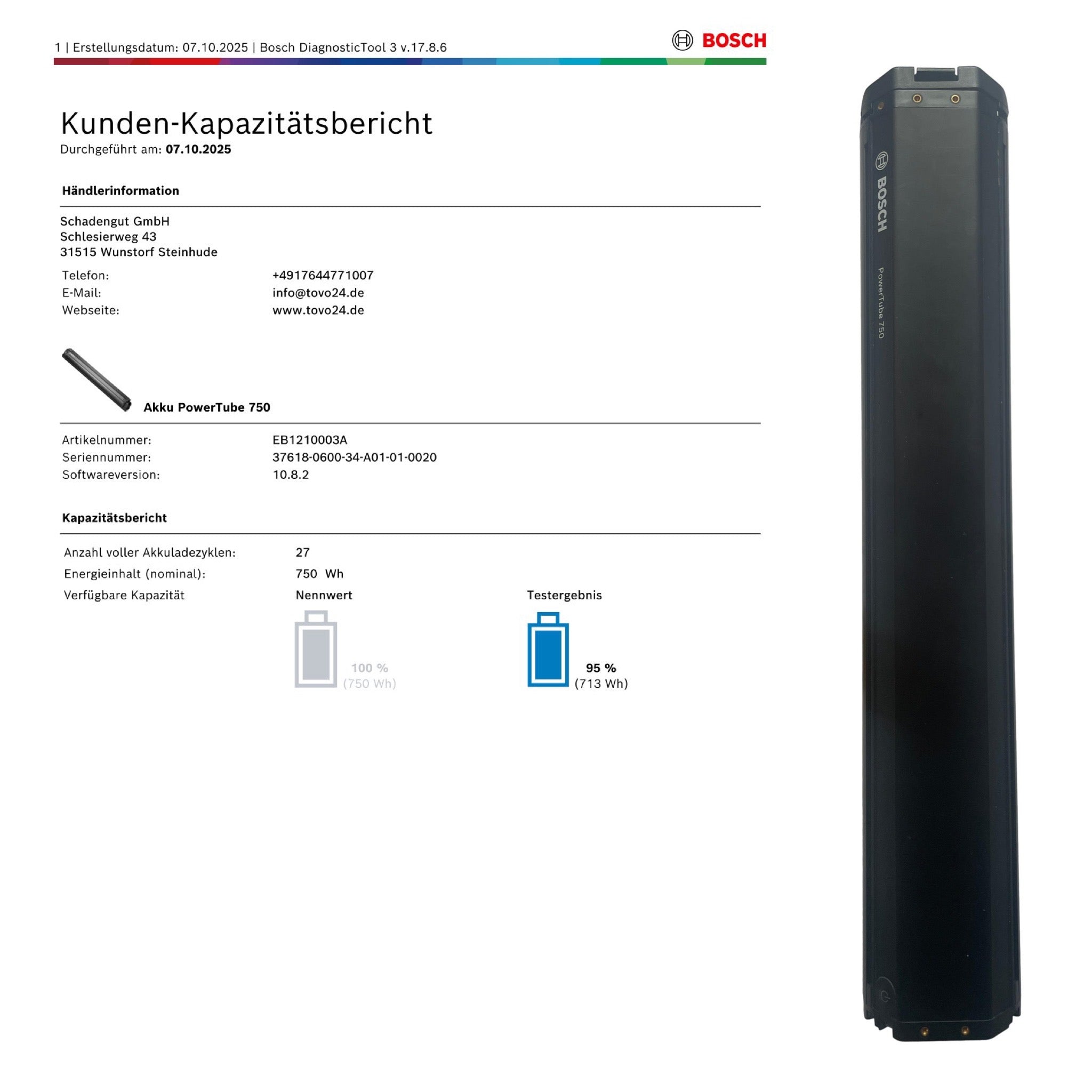 Bosch Powertube 750 - SMART SYSTEM - Energieinhalt (aktuell): 95% -  horizontal