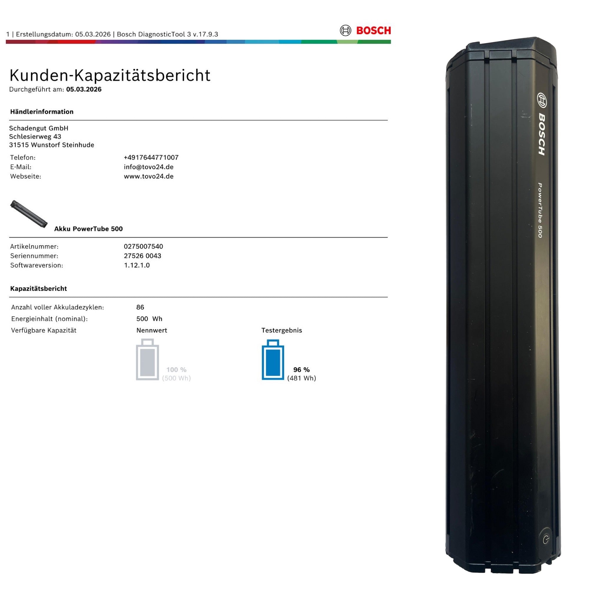 Bosch Powertube 500 - Energieinhalt (aktuell) 96% -  vertikal