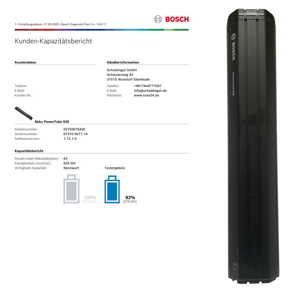 Bosch Powertube 625 - Energieinhalt (aktuell) 92% -  horizontal