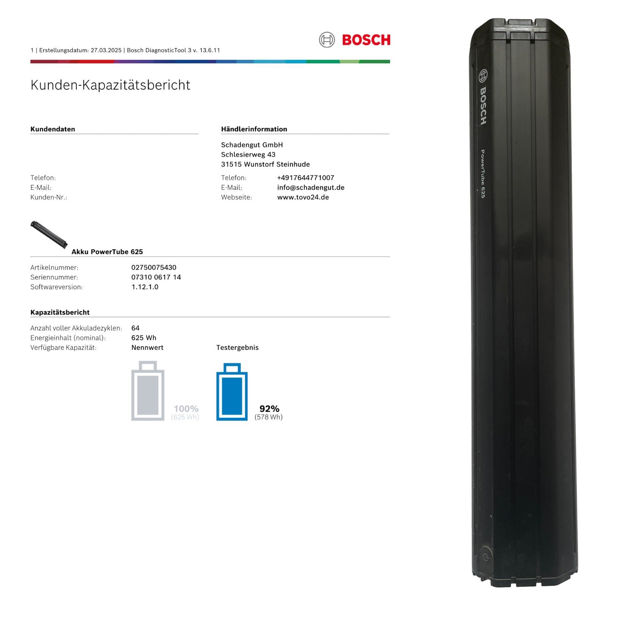 Bosch Powertube 625 - Energieinhalt (aktuell) 92% -  horizontal