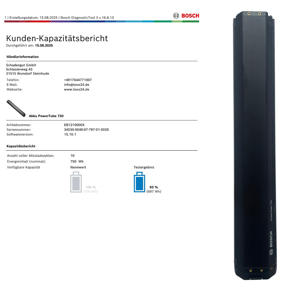 Bosch Powertube 750 - SMART SYSTEM - Energieinhalt (aktuell): 93% -  horizontal