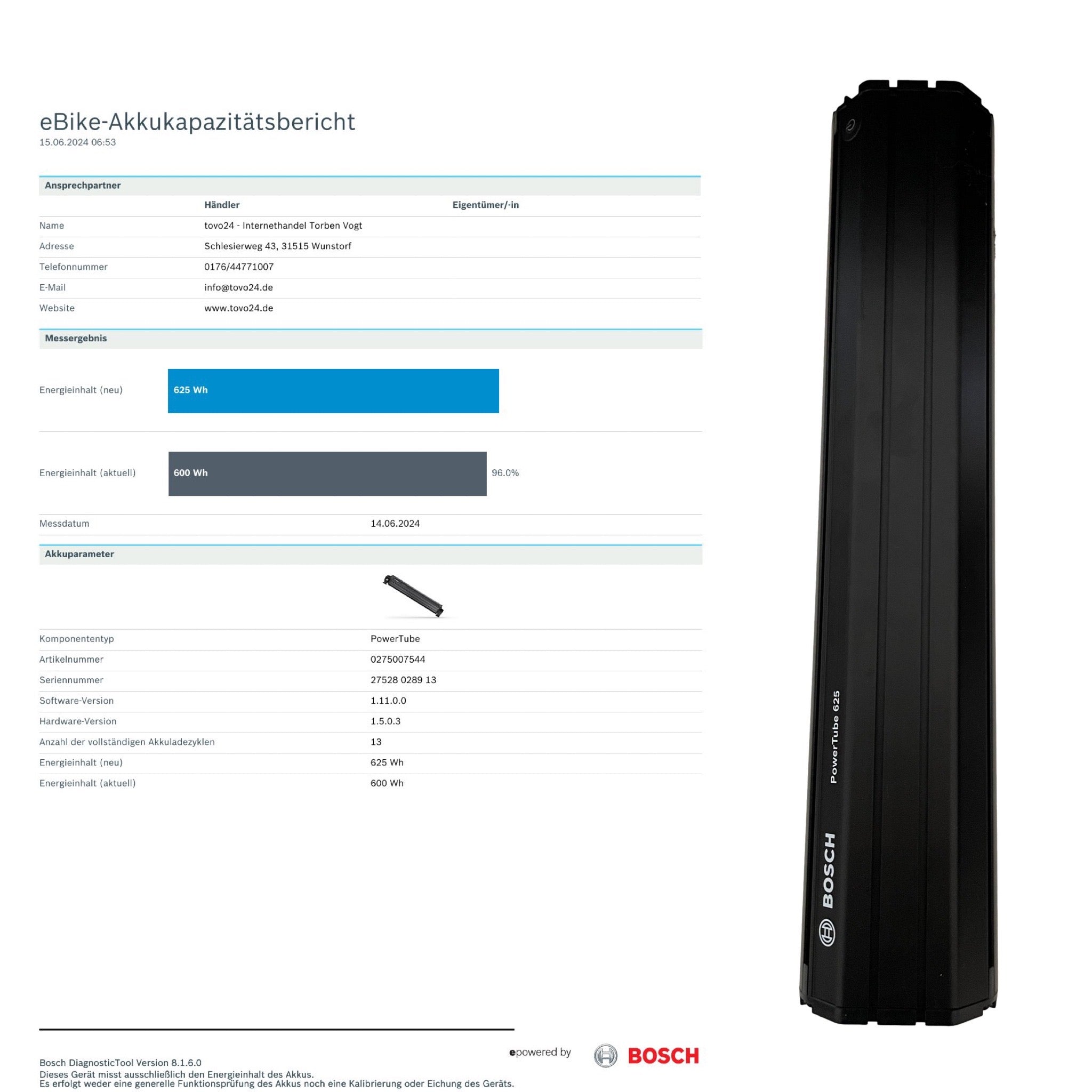 Bosch Powertube 625 - Energieinhalt (aktuell) 96% -  vertikal